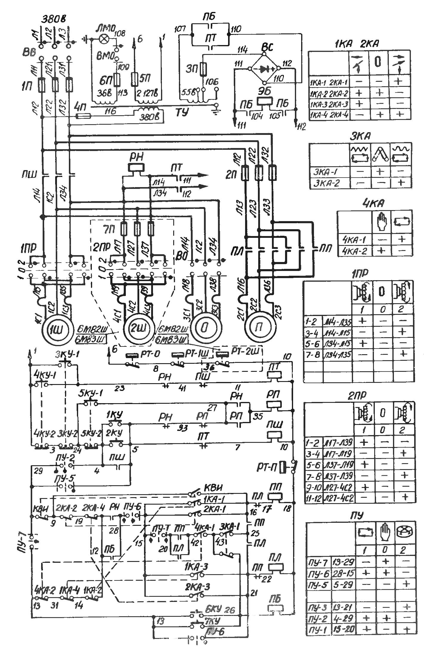 Схема електрична принципова фрезерных верстатах 6М12П, 6М12ПБ, 6М82, 6М82Г, 6М82ГБ, 6М82Ш, 6М13П, 6М13ПБ, 6М83, 6М83Г, 6М83Ш